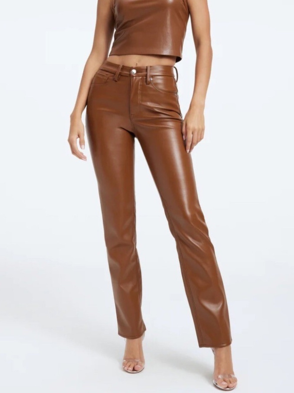 Good American High-Rise Faux Leather Jeans in Cognac Brown